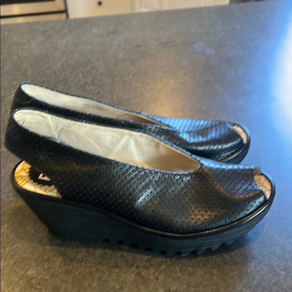 FLY London Women's Black Peep-Toe Wedge Shoes